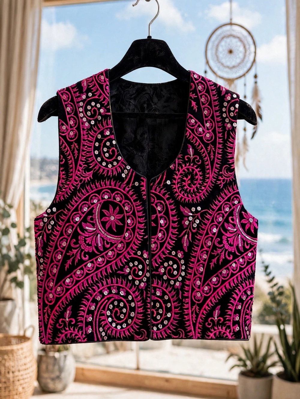 Embroidered Pink Paisley Velvet Vest Handmade
